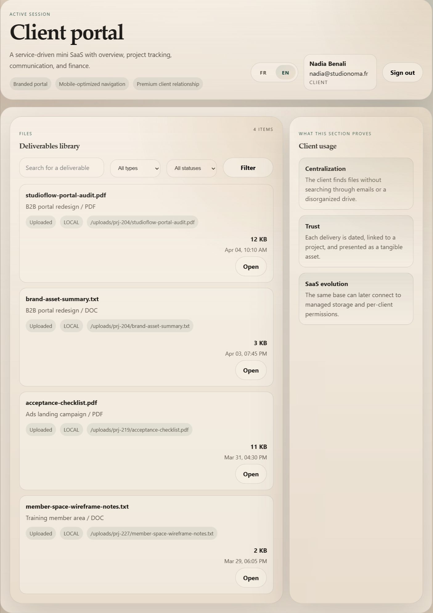 StudioFlow - livrables client